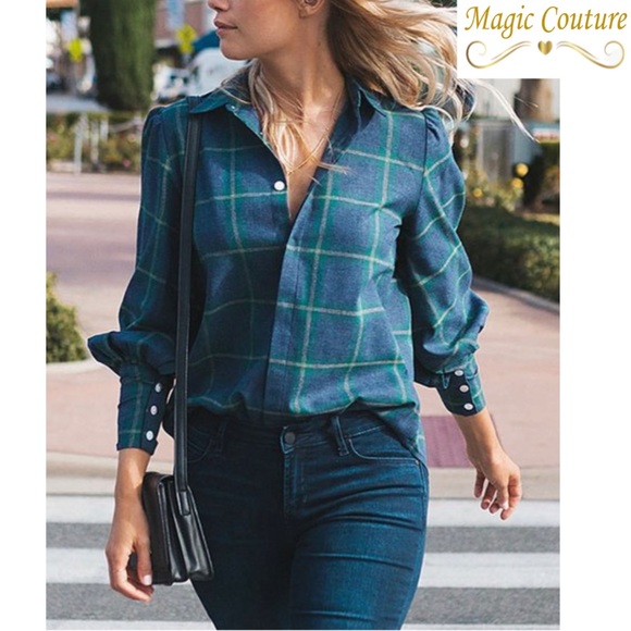 Amaryllis Navy Plaid Cuff-Sleeve Button-Up Shirt💙💚💙 - Picture 2 of 14